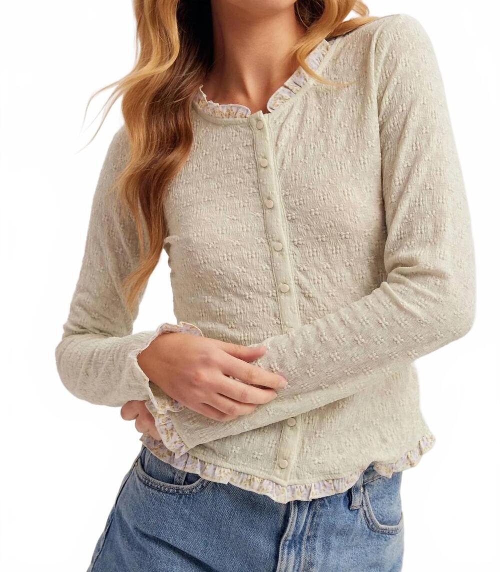 NEW HEM & THREAD flora textured long sleeve top in sage-cream
